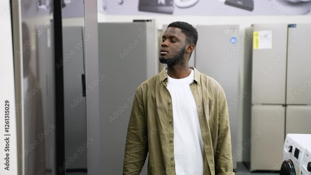 Man browsing refrigerators in home appliance store Man browsing refrigerators in home appliance store