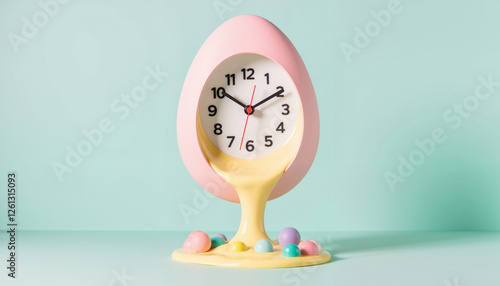 Whimsical egg-shaped clock melting in pastel colors, surreal design