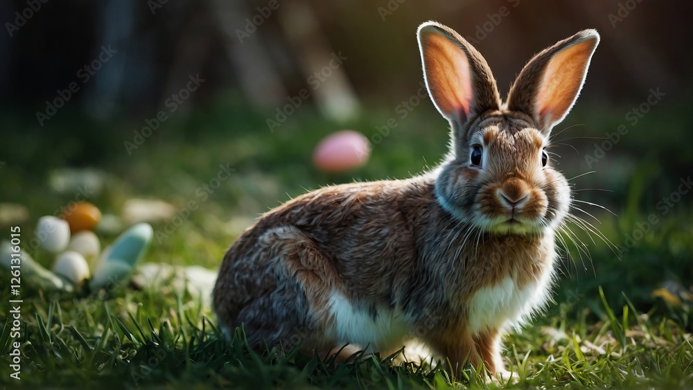 Easter bunny sitting on grass with colorful painted Easter eggs in the background