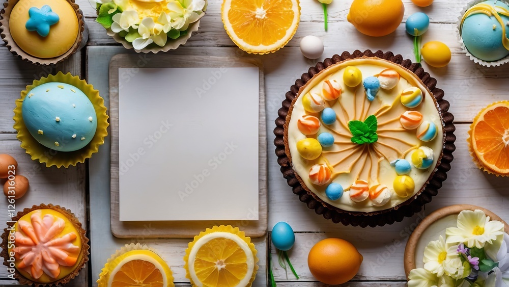 Easter spring dessert food table scene. Top view over a white wood banner background. Lemon tart, cupcakes, Easter egg and carrot cakes and an assortment of sweets, mockup