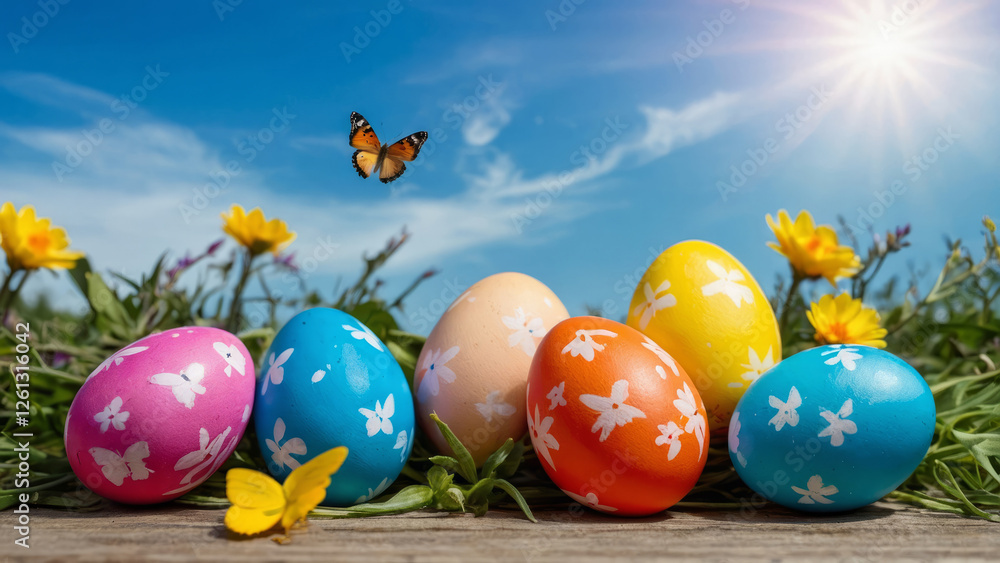 Painted chicken eggs lie on green grass, a butterfly flies against the sky