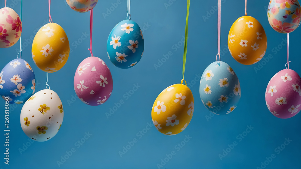 Painted chicken eggs suspended in the air on colorful strings against the sky