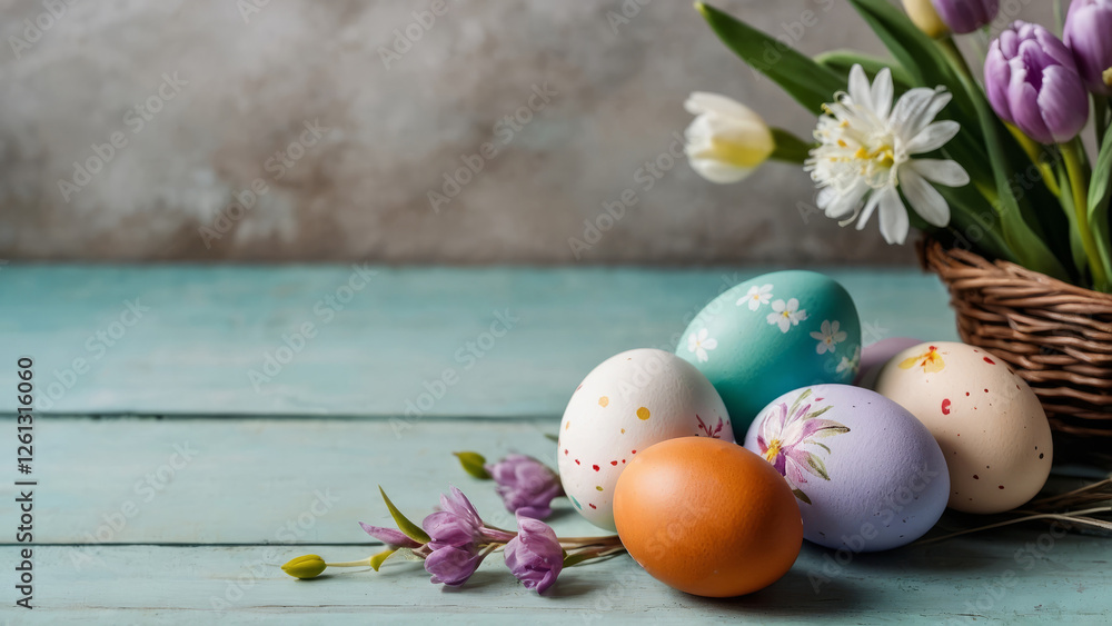 Happy Easter composition for easter design, elegant Easter eggs on blue grey background with flowers. Flat lay