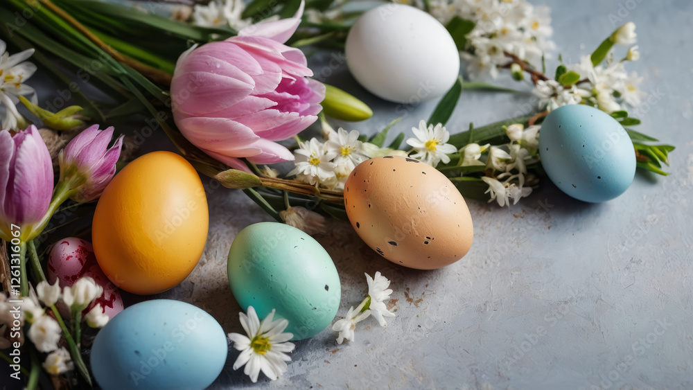 Happy Easter composition for easter design, elegant Easter eggs on grey background with flowers. Flat lay