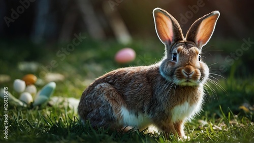 Obraz na płótnie Easter bunny sitting on grass with colorful painted Easter eggs in the background w salonie