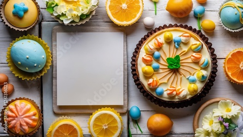Obraz na płótnie Easter spring dessert food table scene. Top view over a white wood banner background. Lemon tart, cupcakes, Easter egg and carrot cakes and an assortment of sweets, mockup w salonie