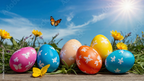 Obraz na płótnie Painted chicken eggs lie on green grass, a butterfly flies against the sky w salonie