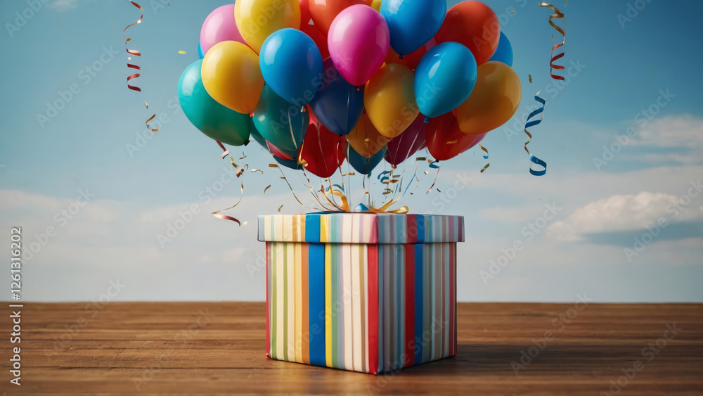 Colorful balloons fly out of a celebrating gift box open, 3d box, on the wooden surface against the sky