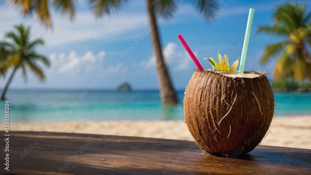 Cocktail in a coconut with straws and decor on the table, the ocean and a palm tree are in the background