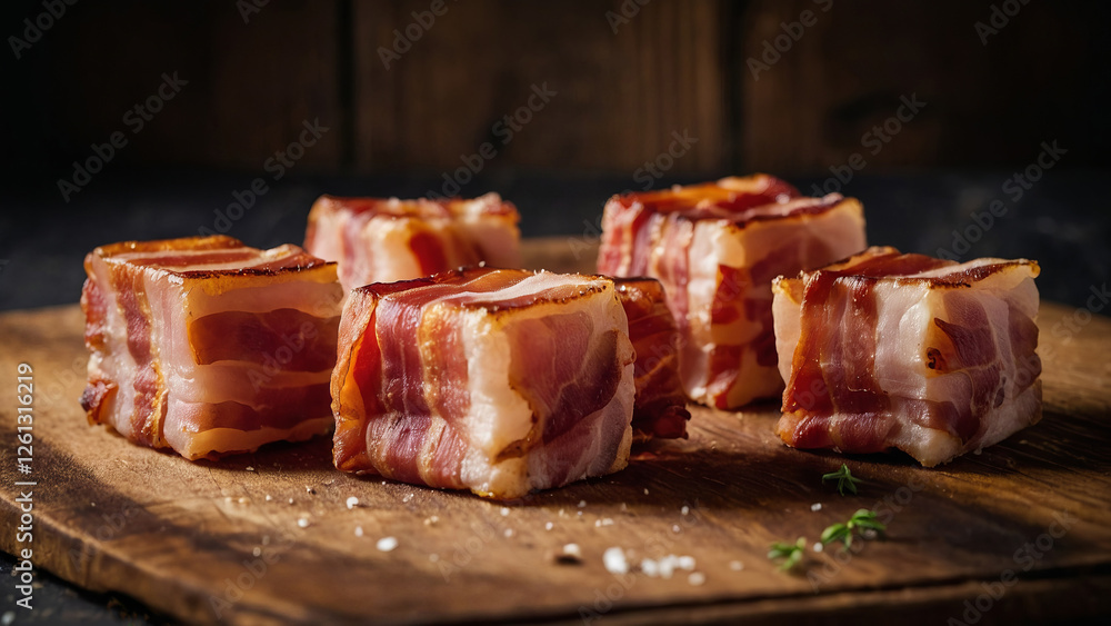 Close up of fried bacon cubes on rustic wooden board with salt and spices