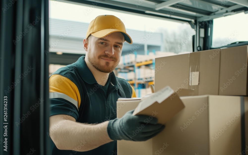 Delivery Driver Preparing Packages for Dispatch at Distribution Center: Highlighting Efficiency and Organization in Logistics Dispatch Delivery Driver Preparing Packages for Dispatch at Distribution Center: Highlighting Efficiency and Organization in Logistics Dispatch