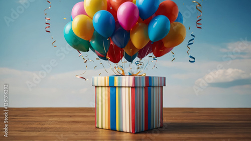 Obraz na płótnie Colorful balloons fly out of a celebrating gift box open, 3d box, on the wooden surface against the sky w salonie