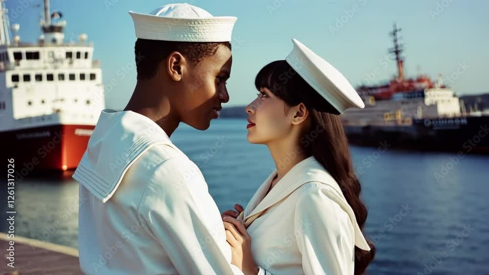 Romantic moment between black man and Asian woman wearing sailor uniform by the waterfront Romantic moment between black man and Asian woman wearing sailor uniform by the waterfront