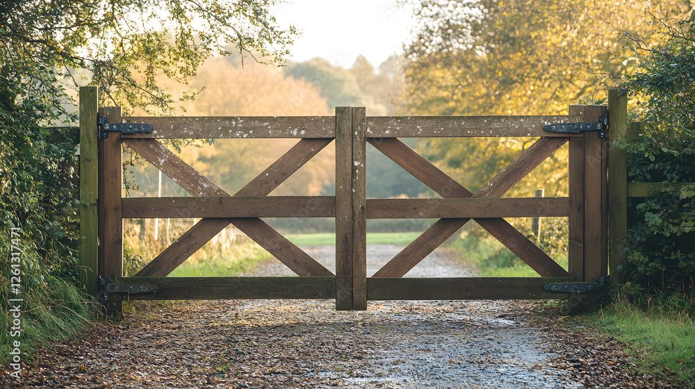 Thick plank farm gate showcasing intricate metal hinges Thick plank farm gate showcasing intricate metal hinges