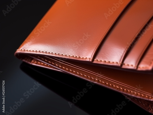 A close-up of a polished leather wallet, open to reveal neatly placed bills, with intricate leather texture and subtle details illuminated by soft lighting. photo