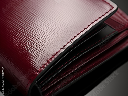 A close-up of a polished leather wallet, open to reveal neatly placed bills, with intricate leather texture and subtle details illuminated by soft lighting. photo