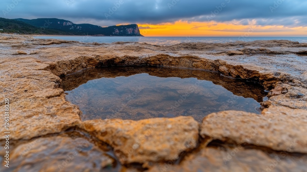 Fototapeta premium Rocky shoreline pool reflecting sunrise