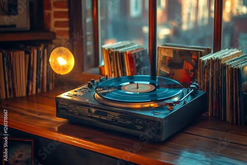 Vintage turntable playing vinyl records by window