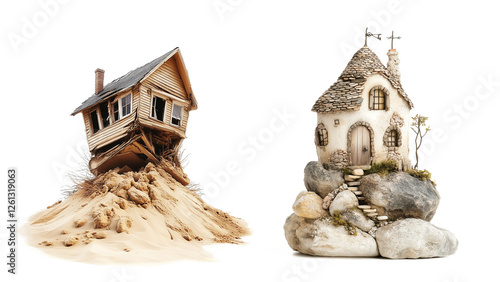 House Constructed on Sand vs House Constructed on Rock Isolated on White Background, Parable of Wise and Foolish Builders Biblical Concept