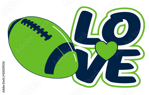 Love - Navy blue and neon green football ball, sport vector graphics, hockey, for street art - graffiti lettering typography - art illustration - multicolor - writen		
