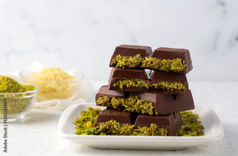 Dubai chocolate, milk chocolate filled with pistachio paste and kunefe