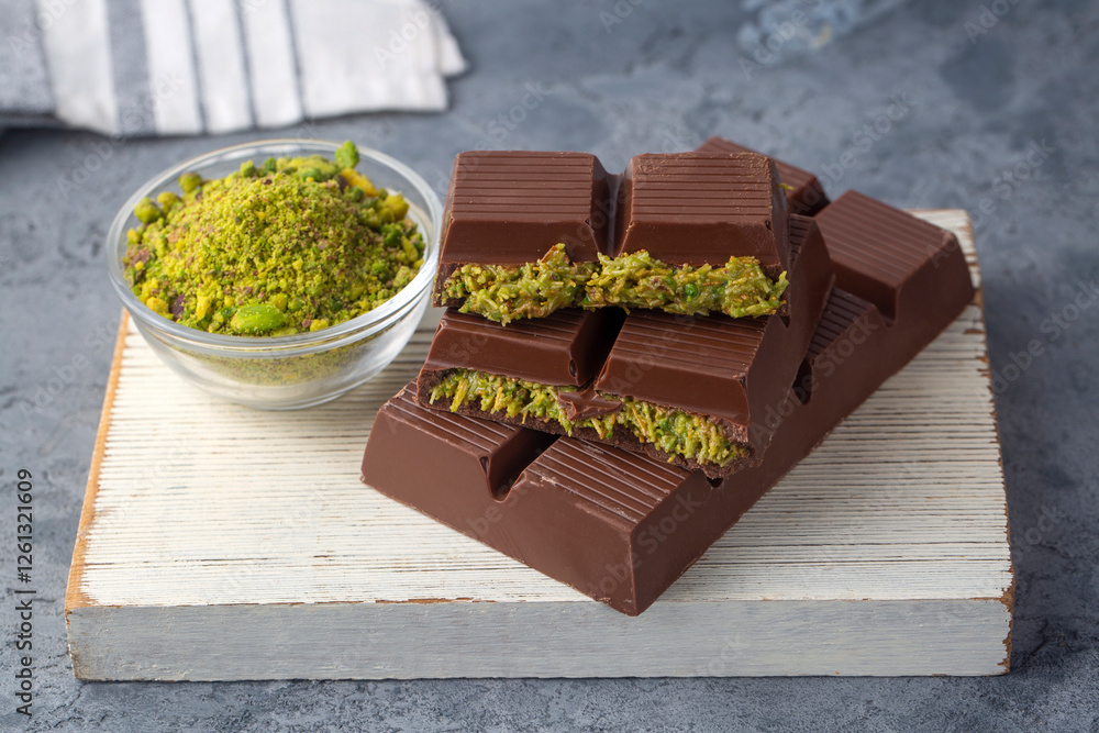 Dubai chocolate, milk chocolate filled with pistachio paste and kunefe