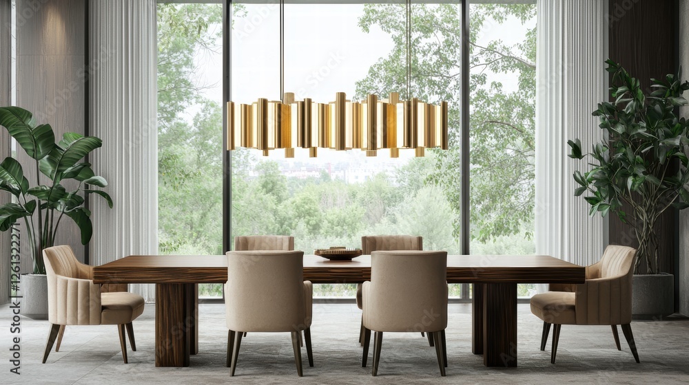 Obraz premium Contemporary dining room with elegant wood table and soft beige chairs