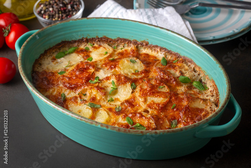 Obraz na płótnie Potato gratin - graten (baked potatoes with cream and cheese) with rosemary and forks (Turkish name; Kremali patates) w salonie