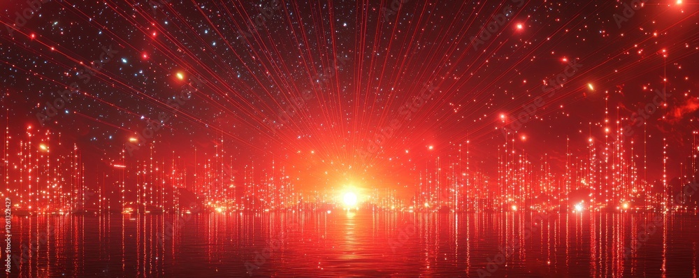 A dramatic red background illuminated by laser beams, shooting from top to bottom, framed by glowing stars and dots. A dramatic red background illuminated by laser beams, shooting from top to bottom, framed by glowing stars and dots.