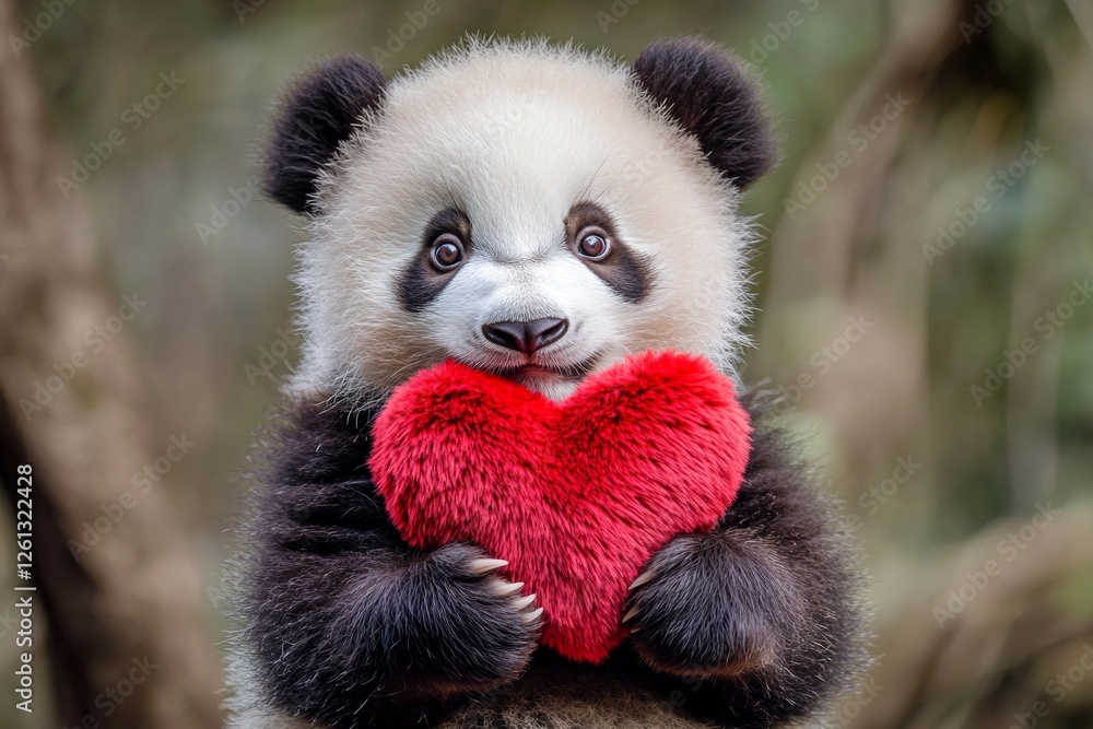 Fototapeta premium Cute panda baby with fluffy red heart on in a natural habitat. Digital ads animal conceptual art. Panda - my treasured animal. Cute and affectionate animals. Wild animals showing affection.