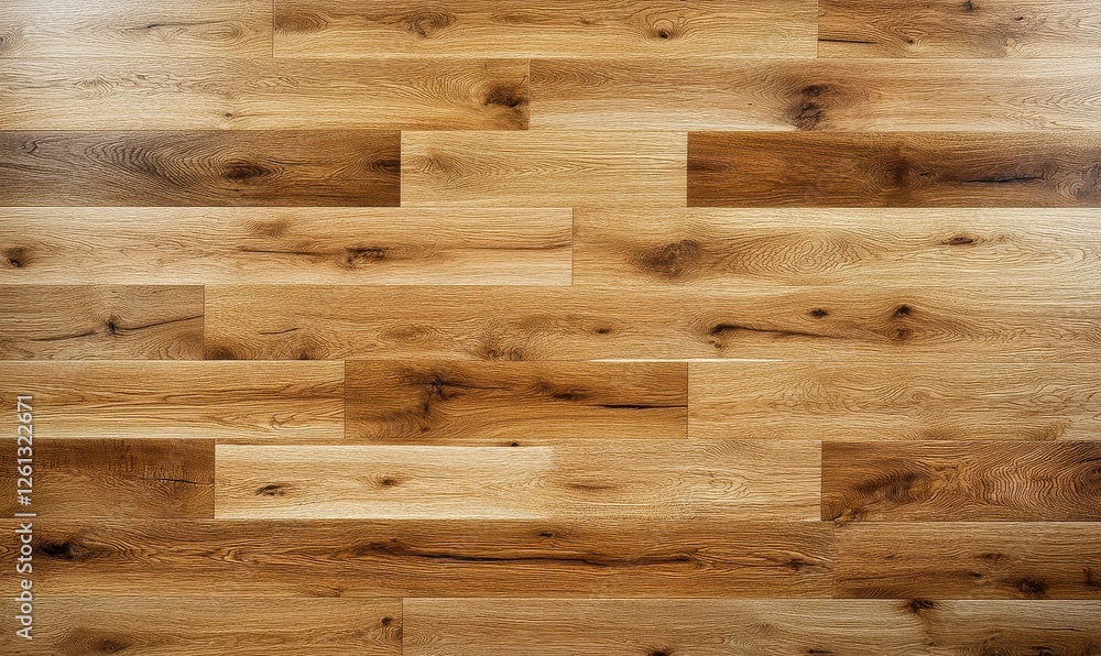 Naklejka premium A rustic pattern of natural oak wood parquet flooring, shown from above, suitable for indoor home interiors.
