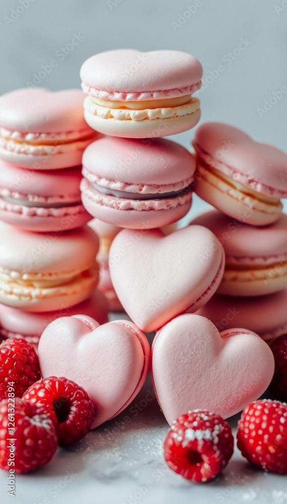 Fototapeta premium Delicate pink heart-shaped macarons stacked with fresh strawberries and raspberries on a marble surface