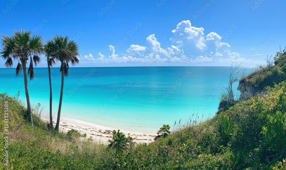 A serene beach with turquoise waters and palm trees, beneath a clear blue sky. A serene beach with turquoise waters and palm trees, beneath a clear blue sky.
