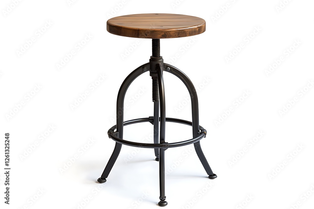 Industrial bar stool with a wooden seat and black metal legs, isolated on a white background, detailed photograph. Industrial bar stool with a wooden seat and black metal legs, isolated on a white background, detailed photograph.