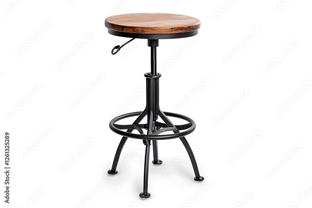Industrial bar stool with a wooden seat and black metal legs, isolated on a white background, detailed photograph. Industrial bar stool with a wooden seat and black metal legs, isolated on a white background, detailed photograph.