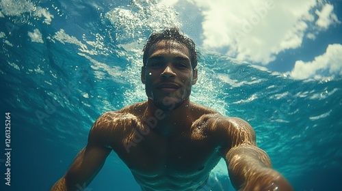 Man swimming underwater, capturing a joyful moment in the ocean
