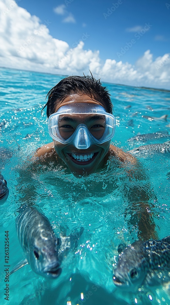 Fototapeta premium Smiling boy snorkeling in clear blue water surrounded by fish