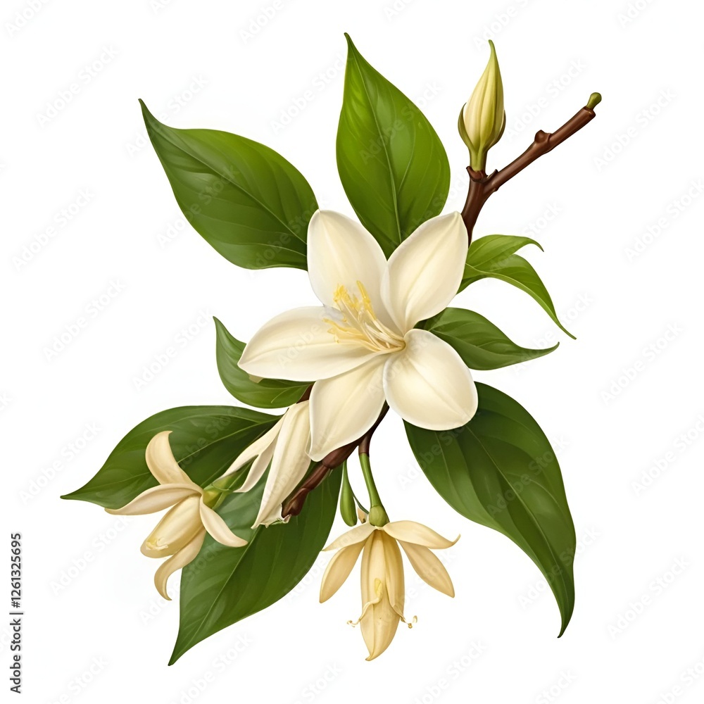 Vanilla flower with pods and leaves isolated on white background
Vanilla flower with pods and leaves isolated on white background