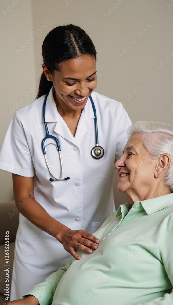 Doctor tending to an elderly Black patient at home in a nurses portrait Doctor tending to an elderly Black patient at home in a nurses portrait