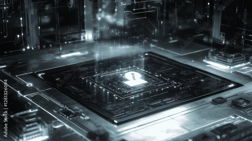 Digital lock activation floating grid visual representation cyber environment futuristic viewpoint security concept Digital lock activation floating grid visual representation cyber environment futuristic viewpoint security concept