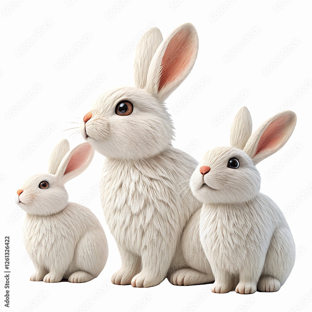 Obraz premium Detailed White Rabbit Family Trio With Fluffy Fur And Pink Ears Ideal For Animal Designs And Easter Themes