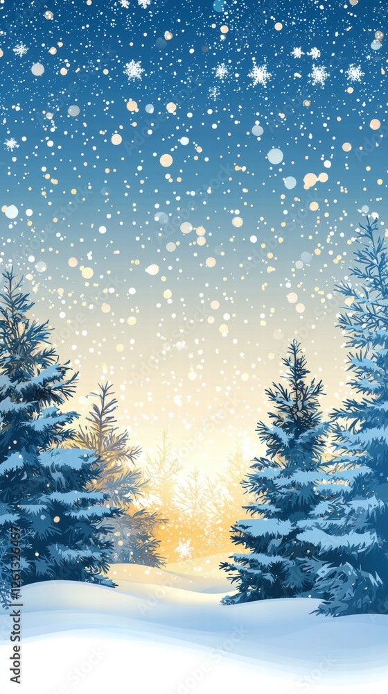 Enchanting snowy fir trees with warm glow and festive sky Enchanting snowy fir trees with warm glow and festive sky