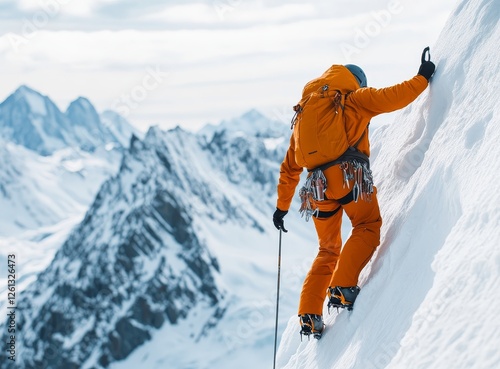 Extreme alpinist mountaineer ascending a narrow, steep snow ridge, partaking in winter sports or hobbies photo