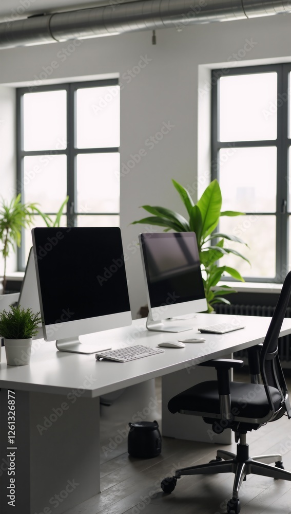 Fototapeta premium Modern office scene featuring two workstations with computers Digital Rendering