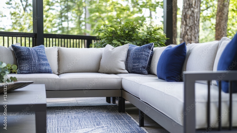 Obraz premium Modern outdoor patio with sleek sofa and lush greenery