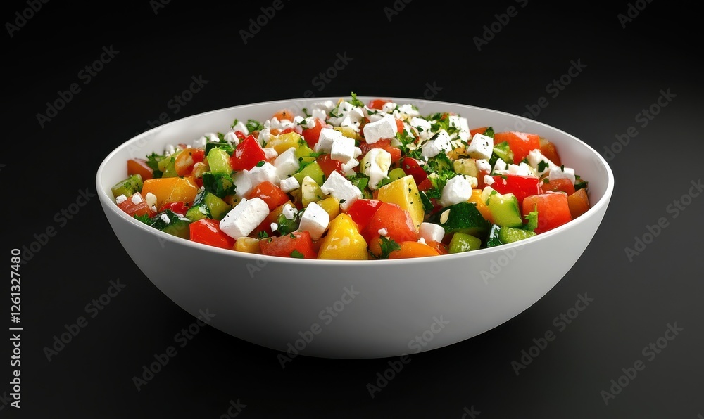 Bowl of fresh vegetable salad topped with feta cheese, vibrant colors creating a healthy and appetizing meal scene Bowl of fresh vegetable salad topped with feta cheese, vibrant colors creating a healthy and appetizing meal scene