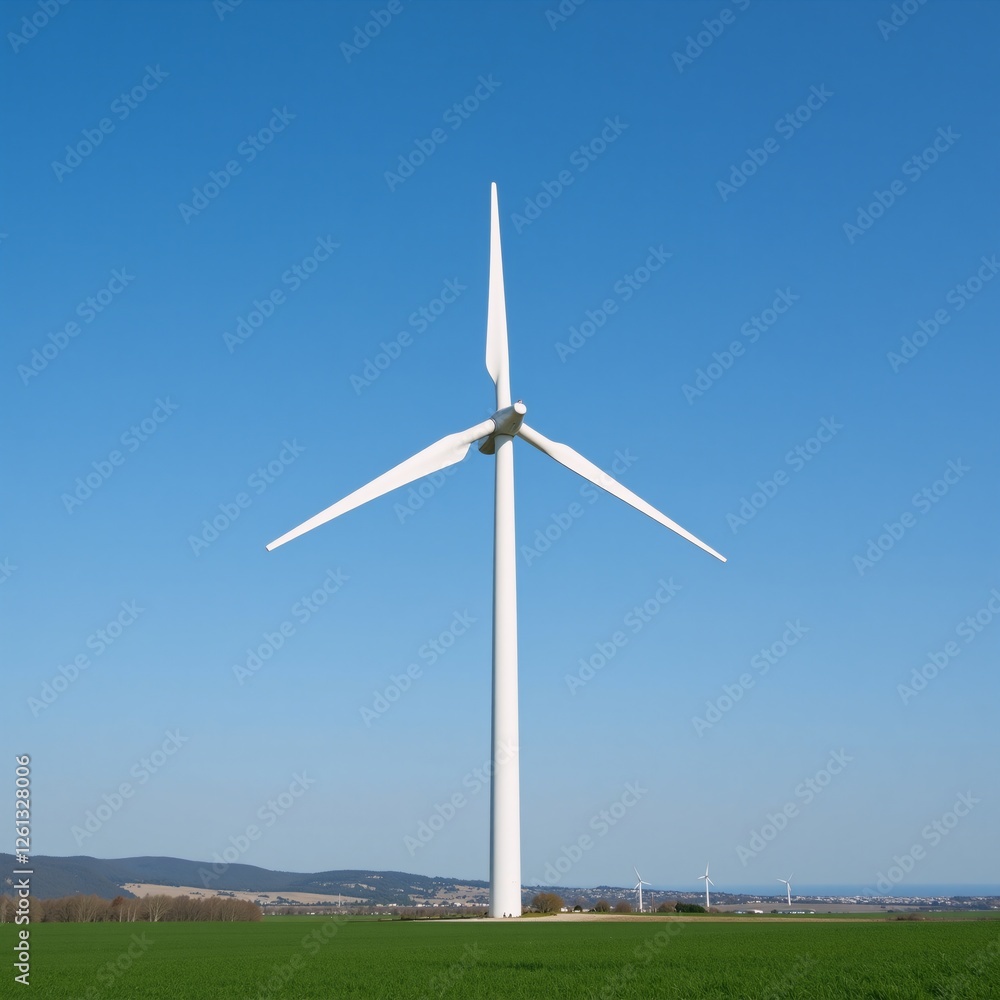 Modern wind turbine towering against a blue sky representing clean energy and green solutions for a sustainable future Modern wind turbine towering against a blue sky representing clean energy and green solutions for a sustainable future