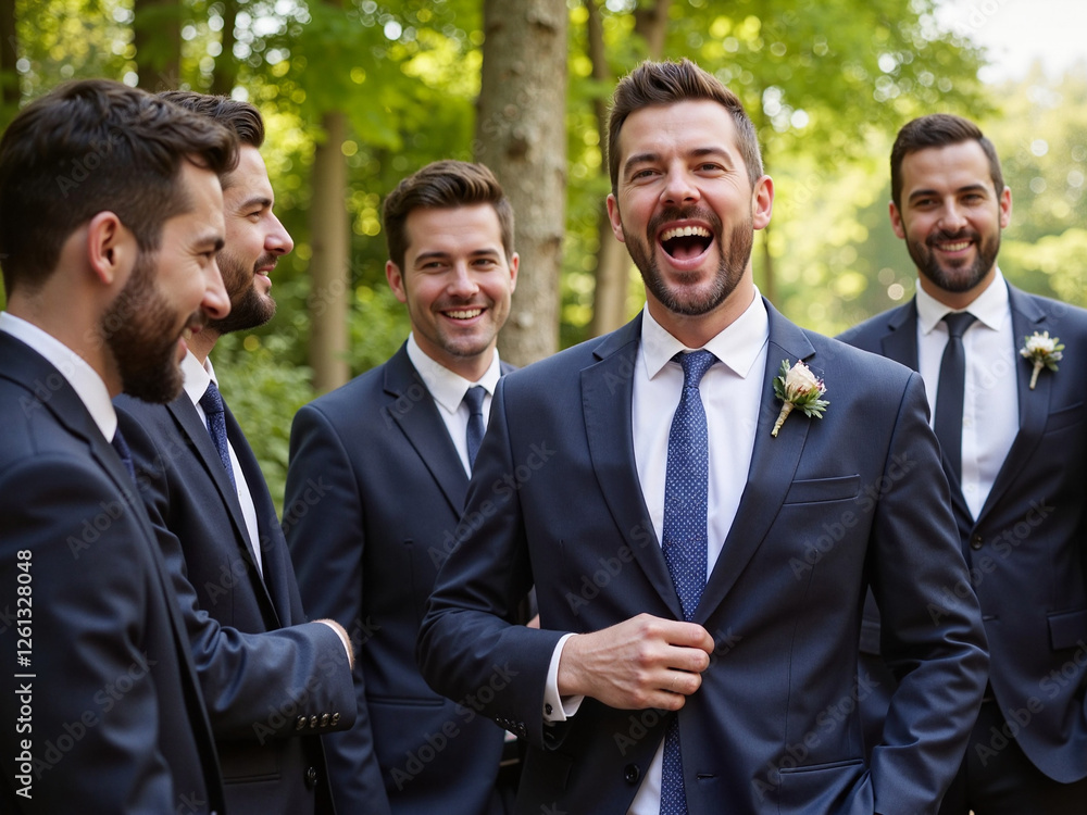 Groom laughing joyfully with groomsmen in sunny garden, wedding celebration Groom laughing joyfully with groomsmen in sunny garden, wedding celebration