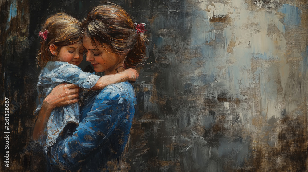 A tender moment captured in an oil painting depicting a mother lovingly embracing her young daughter in a comforting embrace. A tender moment captured in an oil painting depicting a mother lovingly embracing her young daughter in a comforting embrace.