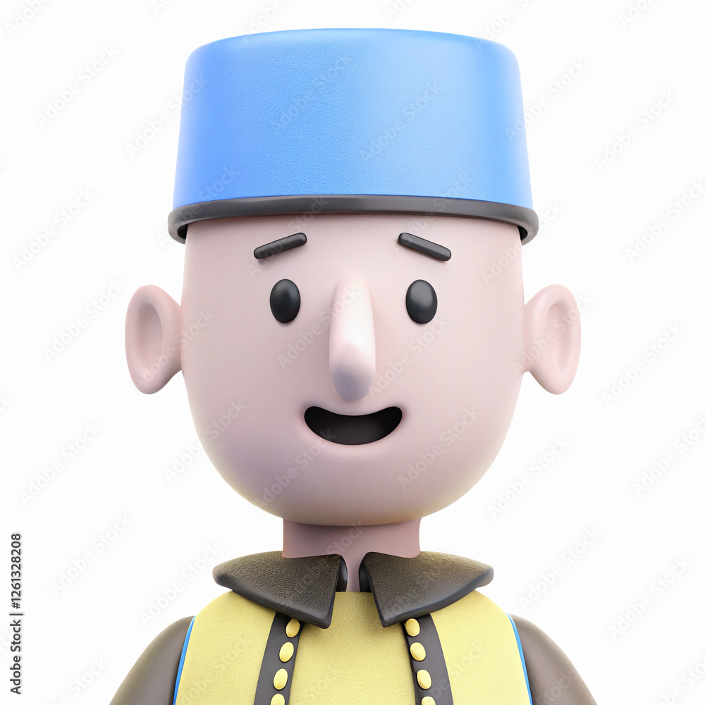 3D Illustration of Smiling Cartoon Character with Blue Hat Yellow Vest and Brown Collar on White Background 3D Illustration of Smiling Cartoon Character with Blue Hat Yellow Vest and Brown Collar on White Background